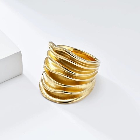 Vintage Stainless Steel Wide Band Ring For Women Crinkled Wavy Texture Polished Liquid Style Artistic Fashion Jewelry