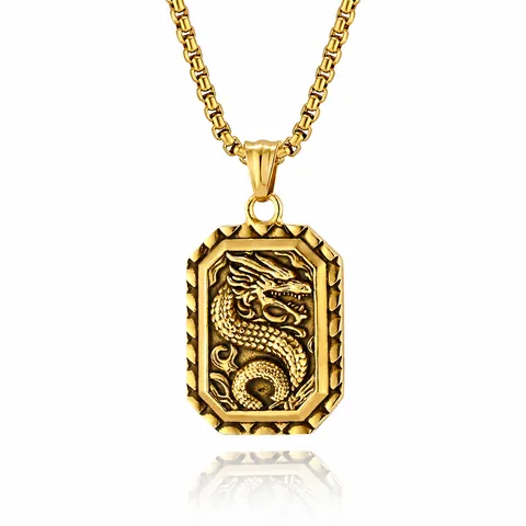 Retro Stainless Steel Chinese Dragon Relief Rectangular Pendant Necklace For Men Vintage Zodiac Style Jewelry Accessory