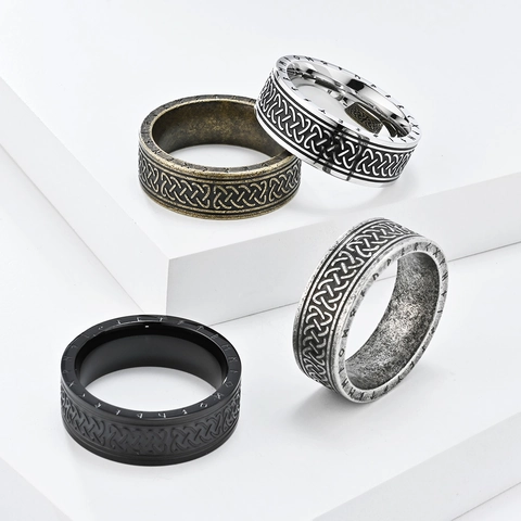 Anello Vichingo Nordico Vintage in Acciaio Inossidabile con Rune e Nodo Celtico per Uomo Gioielli Punk Retro Argento Oro Nero
