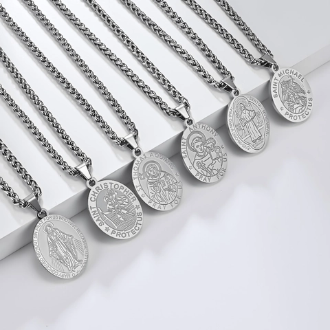 Collana con Pendente Religioso San Michele in Acciaio al Titanio Vintage per Uomo Donna Medaglione Cattolico Cristiano Gioielli