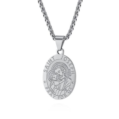 Stainless Steel Saint Joseph Medallion Pendant Necklace For Men Women Religious Prayer Jewelry Medallion Wheat Box Chain Accessory