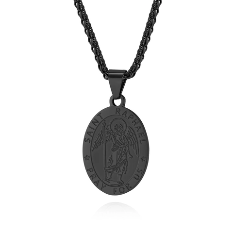 Archangel Saint Raphael Religious Medal Pendant Necklace Stainless Steel Vintage Christian Jewelry For Men Women Prayer Gift
