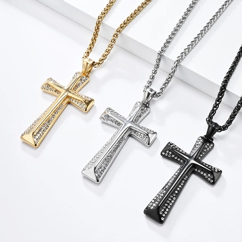Collana con Ciondolo a Croce Hip Hop in Acciaio Inossidabile con Strass Oro Argento Nero Gioielli per Uomo Donna