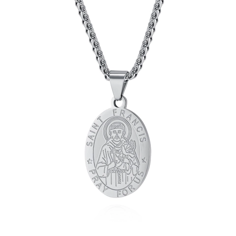 Saint Francis Religious Medal Pendant Necklace Men Stainless Steel Oval Relief Coin Jewelry With Rope Box Wheat Chain