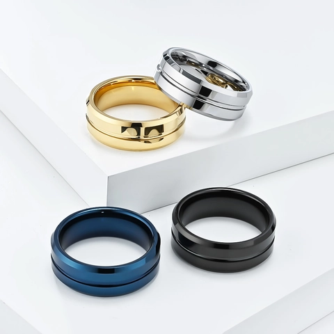 Minimalist Tungsten Steel Ring For Men Beveled Edges Center Groove High Polished Fashion Jewelry Band Ring Gift