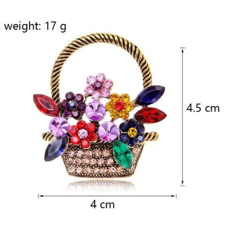 Vintage Alloy Multicolored Rhinestone Flower Basket Brooch Elegant Floral Jewelry Pin For Women Wedding Banquet Party Gift