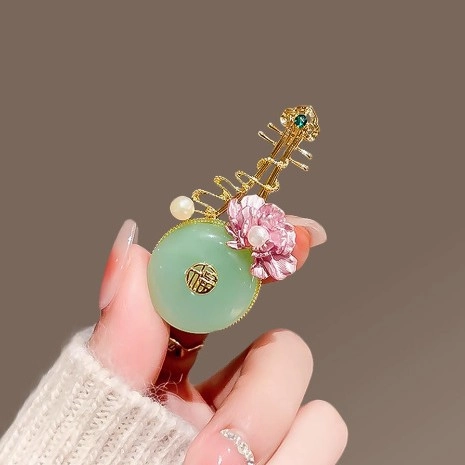 Spilla Cinese Pipa Donna Lega Perla Artificiale Strass Intarsiato Elegante Floreale Spilla Fu Carattere Gioielli Regalo