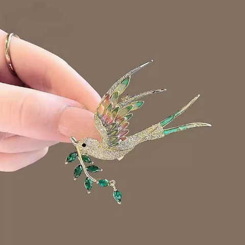 Elegant Flying Bird Enamel Brooch With Olive Branch Gold Plated Alloy Zirconia Lapel Pin For Women Accessory Gift