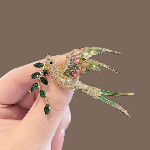 Elegant Flying Bird Enamel Brooch With Olive Branch Gold Plated Alloy Zirconia Lapel Pin For Women Accessory Gift