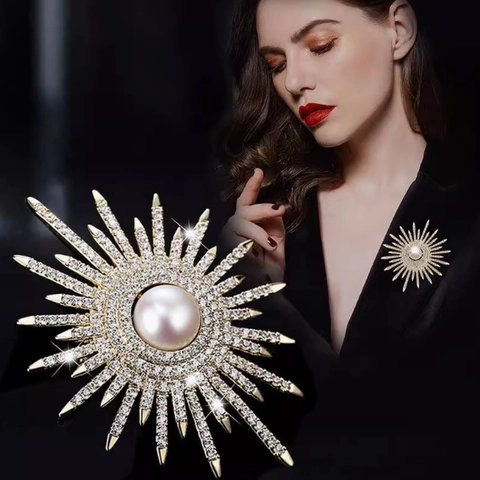 Eleganter Brosche Sonnenstrahl Aus Legierung Mit Künstlicher Perle Strass Eingelegter Sonnenblume Corsage Nadel Damen Anzug Zubehör
