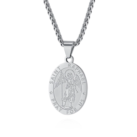 Archangel Saint Raphael Religious Medal Pendant Necklace Stainless Steel Vintage Christian Jewelry For Men Women Prayer Gift