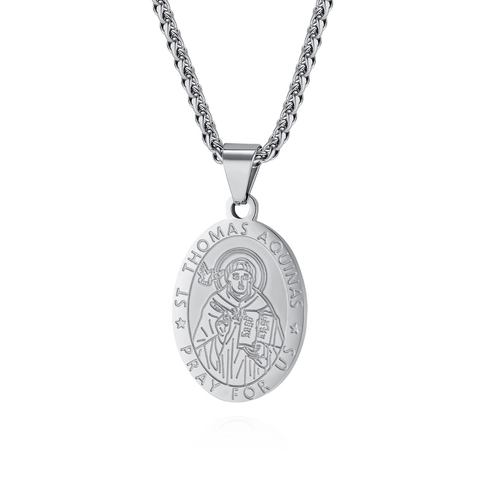 Saint Thomas Aquinas Patron Saint Medal Pendant Necklace Stainless Steel Religious Prayer Medal Necklace For Men Women Jewelry