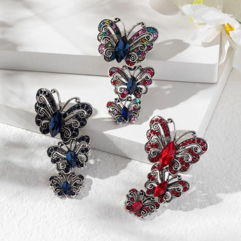 Broche de Mariposa de Aleación Vintage para Mujer Corsage de Cristal de Diamantes de Imitación Diseño Vertical de Triple Mariposa