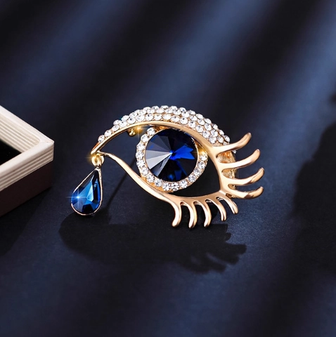 Western Style Evil Eye Alloy Rhinestone Brooch With Blue Crystal Teardrop Pendant Elegant Women Suit Lapel Pin Jewelry
