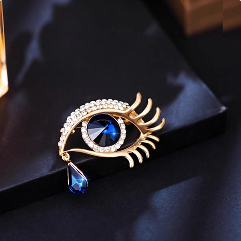 Western Style Evil Eye Alloy Rhinestone Brooch With Blue Crystal Teardrop Pendant Elegant Women Suit Lapel Pin Jewelry