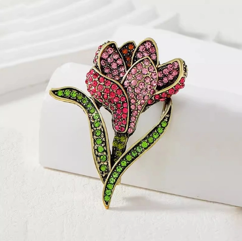 Vintage Tulip Rhinestone Brooch For Women Alloy Flower Corsage Pin Elegant Palace Style Clothing Accessory Jewelry