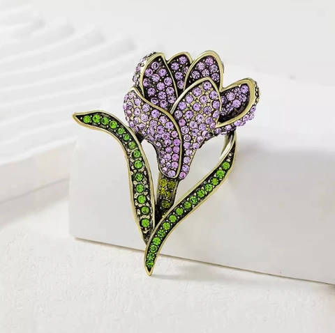 Vintage Tulip Rhinestone Brooch For Women Alloy Flower Corsage Pin Elegant Palace Style Clothing Accessory Jewelry