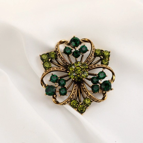 Spilla Fiore in Lega di Zinco Vintage per Donna Spilla Floreale con Strass Verde Accessorio Gioielli Oro Antico per Abiti