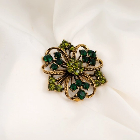 Spilla Fiore in Lega di Zinco Vintage per Donna Spilla Floreale con Strass Verde Accessorio Gioielli Oro Antico per Abiti