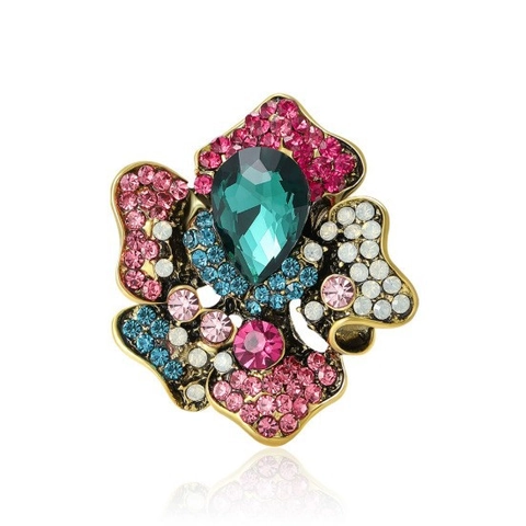 Alloy Rhinestone Flower Brooch for Women Vintage Gold Plated Multicolor Crystal Corsage Pin for Coat Dress Jewelry Gift