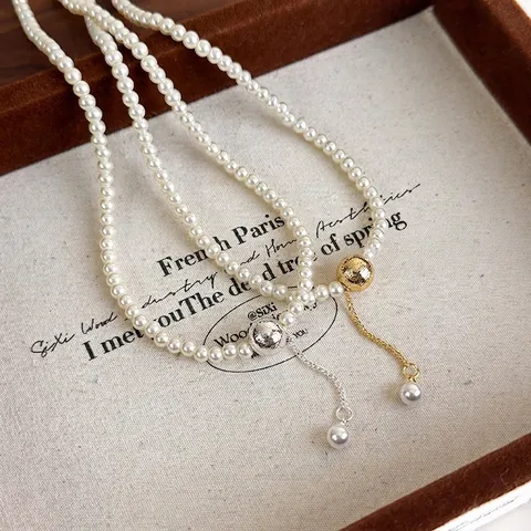 French Vintage Faux Artificial Pearl Necklace With Brushed Metal Ball Tassel Pendant Elegant Beaded Choker For Women Wedding Party Jewelry Gift