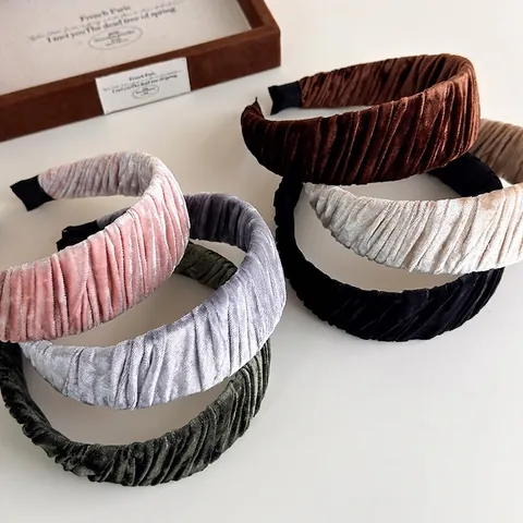Diadema de Terciopelo Fruncido Vintage Francés Color Sólido Banda para el Cabello Plisada Ancha Accesorios de Cabello Elegantes para Mujer