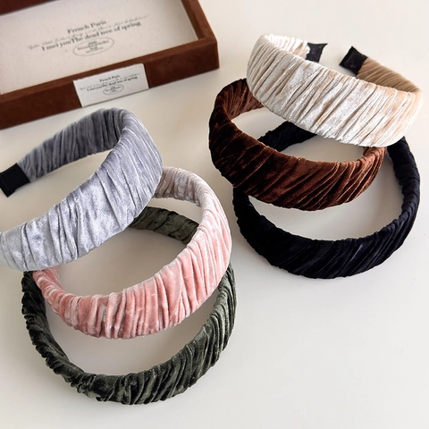 Diadema de Terciopelo Fruncido Vintage Francés Color Sólido Banda para el Cabello Plisada Ancha Accesorios de Cabello Elegantes para Mujer