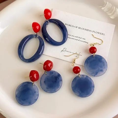 Vintage Hars Marmeren Oorbellen Rood Blauw Kleurblok Legering Geometrische Hangoorbellen Voor Vrouwen Dagelijks Feest Sieraden
