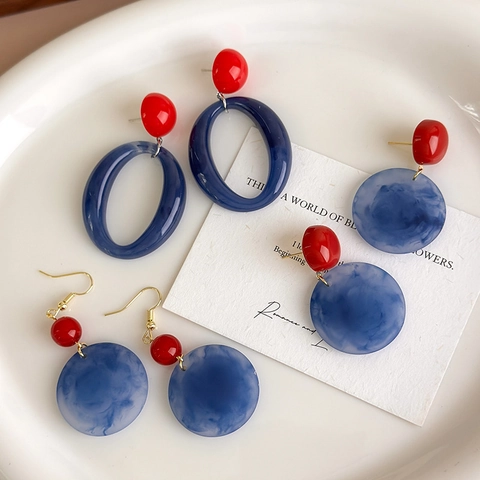 Vintage Hars Marmeren Oorbellen Rood Blauw Kleurblok Legering Geometrische Hangoorbellen Voor Vrouwen Dagelijks Feest Sieraden