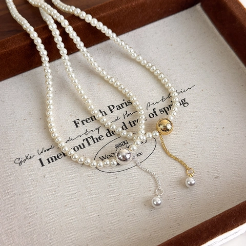 French Vintage Faux Artificial Pearl Necklace With Brushed Metal Ball Tassel Pendant Elegant Beaded Choker For Women Wedding Party Jewelry Gift
