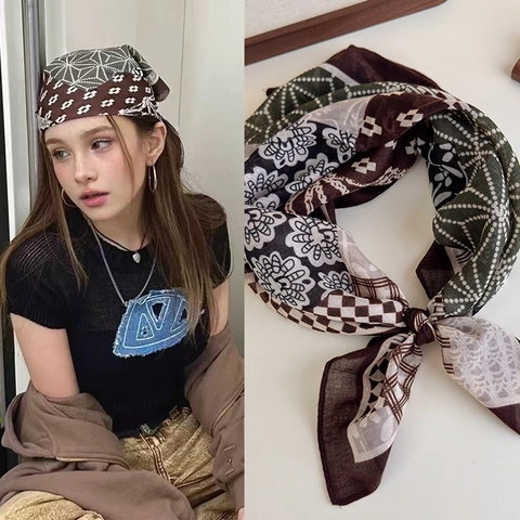 Amerikaans Vintage Vierkante Hoofddoek Patchwork Ruitjesprint Bandana Hiphop Muziekfestival Haaraccessoire Retro Sjaal Dames