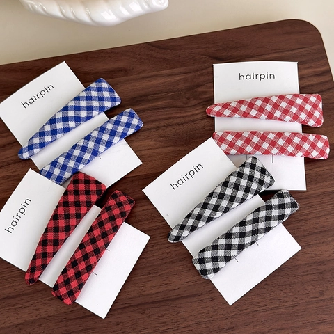 Checkered Fabric Covered Triangular And Rectangular Hairpins Sweet Gingham Hair Clips For Women Girls Side Bangs Accessories