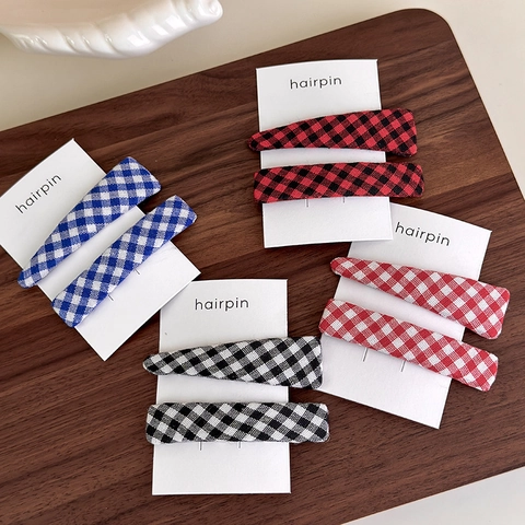 Checkered Fabric Covered Triangular And Rectangular Hairpins Sweet Gingham Hair Clips For Women Girls Side Bangs Accessories