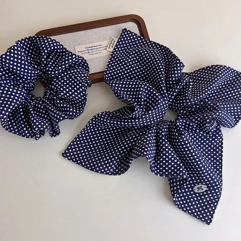 Navy Blue Polka Dot Hair Scrunchie Vintage Korean Style Bow Ribbon Hair Tie Elegant Fabric Headband Accessories For Women Daily Use