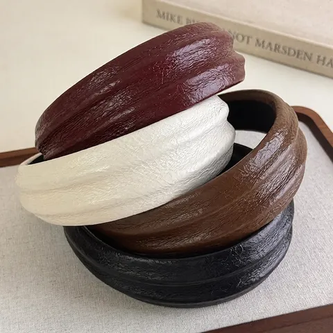 Diadema de Cuero PU Fruncido Vintage Acolchada Ancha Plisada Color Sólido Elegante Tocado para Mujer