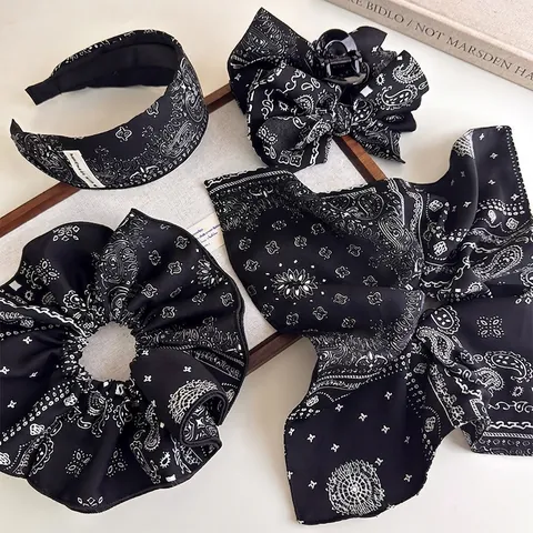 Vintage Zwart Wit Paisley Patroon Haaraccessoires Sjaal En Haarrand En Strik Haarklem Voor Vrouwen Mode Hoofddeksels