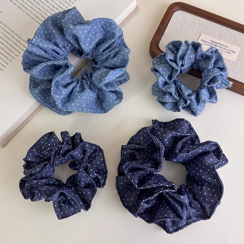 Retro Punktmuster Denim Stil Haargummis Für Damen Zweilagige Rüschen Haarbänder Große Stoff Ponytail Halter Haarschmuck