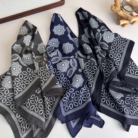 Damen Vintage Geometrische Mandala Blumen Druck Quadratischer Schal Satin Gefühl Kopftuch Elegant Halstuch Bandana Büro Dekoschal