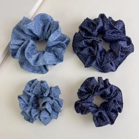Retro Punktmuster Denim Stil Haargummis Für Damen Zweilagige Rüschen Haarbänder Große Stoff Ponytail Halter Haarschmuck