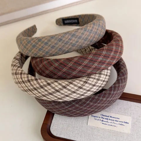 Serre-tête Vintage en Tissu Plaid pour Femmes Style Coréen Épaissi Large Bandeau Fait à la Main Accessoire de Coiffure