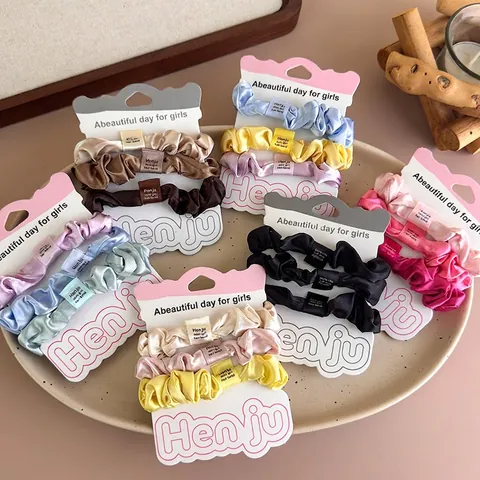 Juego de 3 Coleteros de Tela Multicolor Dulces Plisados Estilo Satén Gomas para el Pelo Tocado Coreano Elegante para Mujeres Niñas Accesorios para el Cabello