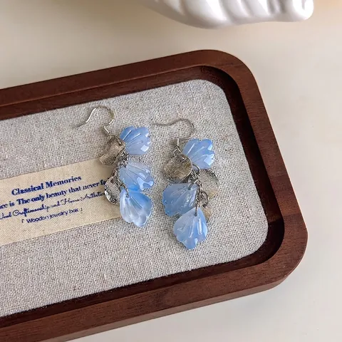 Vintage Blauverlauf Blütenblatt Ohrhänger Harz Muschel Stil Gehämmert Silber Legierung Drop Ohrringe Für Damen Sommer Strand Dating Schmuck