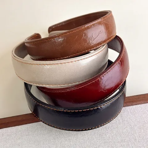 Vintage Leather Wide Headband For Women Solid Color Stitching Retro Hair Hoop Korean Style Handmade Hair Accessories Elegant Daily Hairband