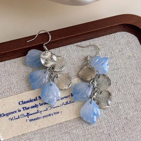 Vintage Blauverlauf Blütenblatt Ohrhänger Harz Muschel Stil Gehämmert Silber Legierung Drop Ohrringe Für Damen Sommer Strand Dating Schmuck