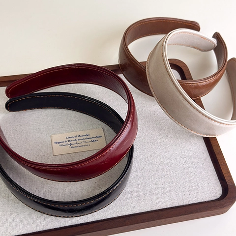 Vintage Leather Wide Headband For Women Solid Color Stitching Retro Hair Hoop Korean Style Handmade Hair Accessories Elegant Daily Hairband