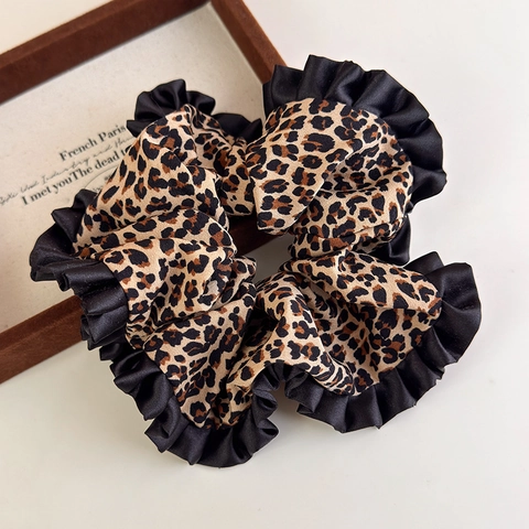 Scrunchie in Satin con Stampa Leopardata Vintage Francese con Bordo Arricciato Nero Elastico per Capelli Oversize Donna Gioielli