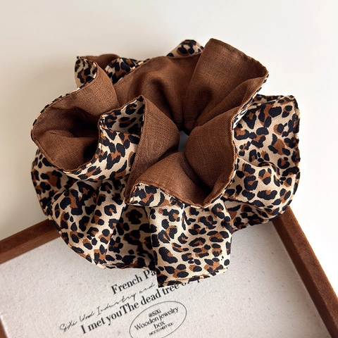 Scrunchie de Tela Grande con Estampado de Leopardo Retro Francés Banda Elástica para el Cabello Marrón Café Coletero Chic para Mujer Accesorios