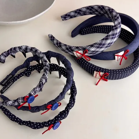 Diadema a Cuadros de Estilo Británico Retro Mujer Azul Marino Lunares Banda de Pelo de Tela Con Dientes Antideslizantes Lazo