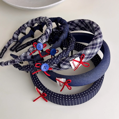 Diadema a Cuadros de Estilo Británico Retro Mujer Azul Marino Lunares Banda de Pelo de Tela Con Dientes Antideslizantes Lazo