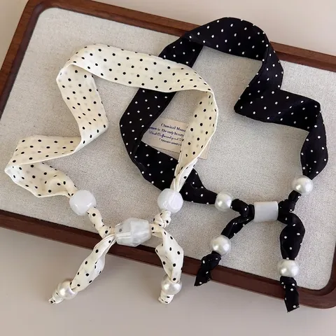 Handmade Polka Dot Silk Scarf Necklace For Women Retro Beaded Cloth Resin Artificial Pearl Adjustable Neck Decoration